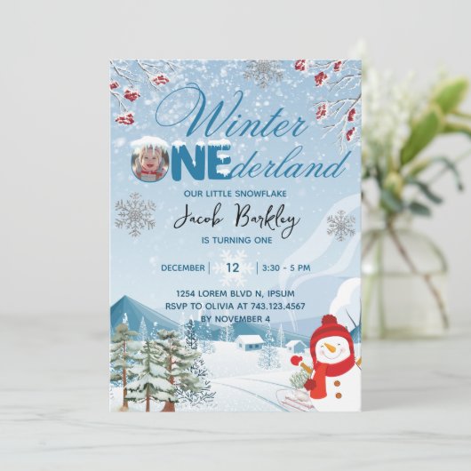 Winter ONEderland Jongen of meisje 1e Verjaardag Kaart (Staand voorkant)