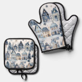 Winter Onederland Kersthuizen Verjaardag Ovenwant & Pannenlap Set (Voorkant / Achterkant)