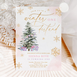 Winter Onederland Kerstroze en gouden dag Kaart