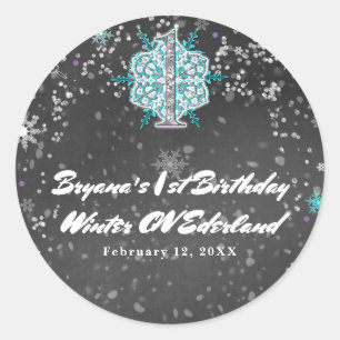 Winter ONEderland Krijt Teal & Paars 1e Verjaardag Ronde Sticker