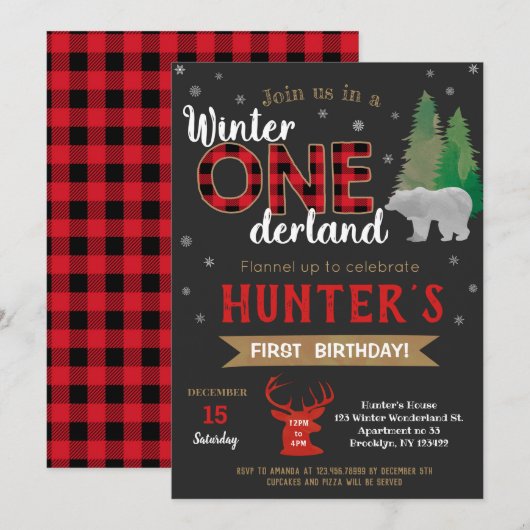 Winter Onederland Lumberjack Birthday Uitnodiginge Kaart (Voorkant / Achterkant)