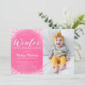 Winter Onederland Meisje 1e Verjaardagsfeest Foto Kaart (Staand voorkant)