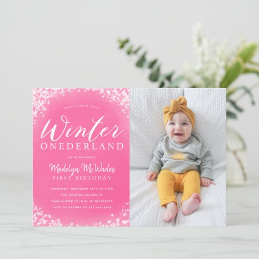 Winter Onederland Meisje 1e Verjaardagsfeest Foto Kaart (Staand voorkant)