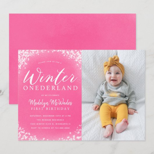 Winter Onederland Meisje 1e Verjaardagsfeest Foto Kaart (Voorkant / Achterkant)