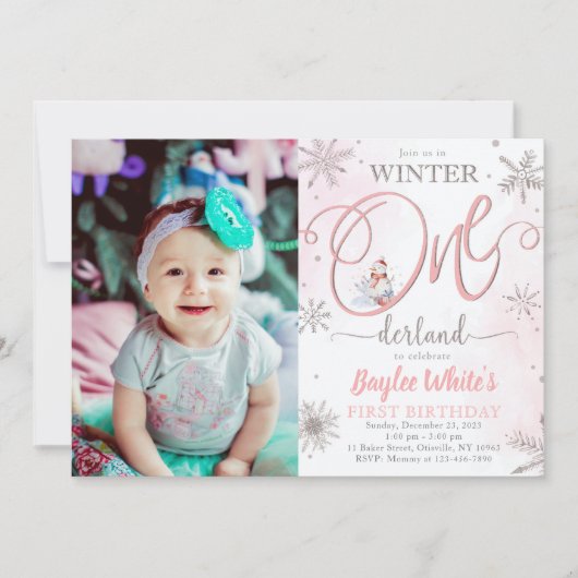 Winter ONEderland-meisje 1e verjaardagsuitnodiging Kaart (Voorkant)