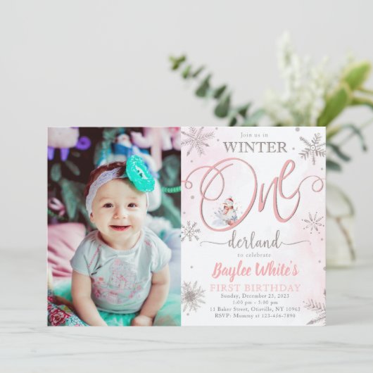 Winter ONEderland-meisje 1e verjaardagsuitnodiging Kaart (Staand voorkant)