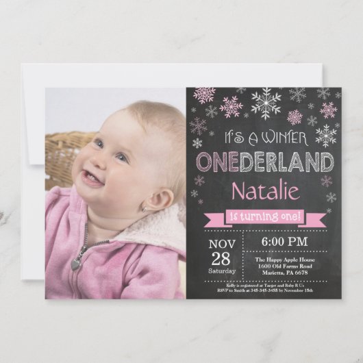 Winter Onederland Meisje 1e Verjaardagsuitnodiging Kaart (Voorkant)