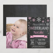 Winter Onederland Meisje 1e Verjaardagsuitnodiging Kaart (Voorkant / Achterkant)