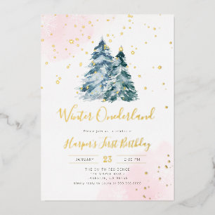 Winter Onederland meisje wordt 1 jaar Folie Uitnodiging