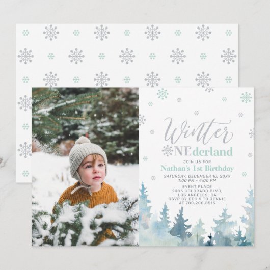 Winter Onederland Mint Boy 1st Birthday Foto Kaart (Voorkant / Achterkant)