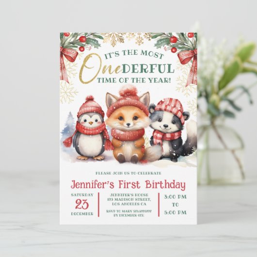 Winter Onederland Mooie Sneeuw Dieren 1e Verjaarda Kaart (Staand voorkant)