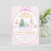 Winter Onederland Notenkraker Roze Strik Verjaarda Kaart (Staand voorkant)