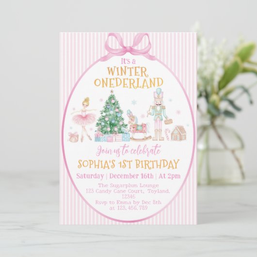 Winter Onederland Nutcracker Pink Bow Birthday Kaart (Staand voorkant)