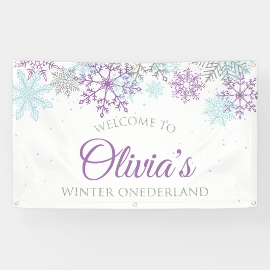 Winter Onederland Paars Blauw Verjaardag Welkom Spandoek (Horizontaal)