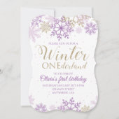 Winter Onederland Paars en Gold Snowflake Invite Kaart (Voorkant)