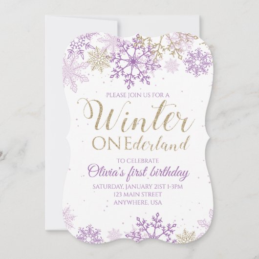 Winter Onederland Paars en Gold Snowflake Invite Kaart (Voorkant)
