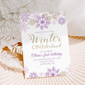 Winter Onederland Paars en Gold Snowflake Invite Kaart