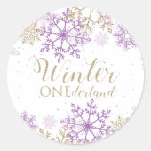 Winter Onederland Paars en Gold Snowflake Ronde Sticker (Voorkant)