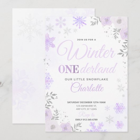 Winter ONEderland Paarse sneeuwvlok 1e uitnodiging (Voorkant / Achterkant)