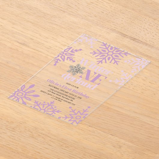 Winter Onederland Paarse sneeuwvlok 1e verjaardag Acryl Uitnodigingen (Laagn)