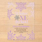 Winter Onederland Paarse sneeuwvlok 1e verjaardag Acryl Uitnodigingen (Voorkant)