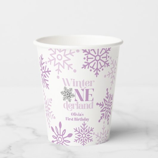 Winter Onederland Paarse sneeuwvlok 1e verjaardag Papieren Bekers (Voorkant)