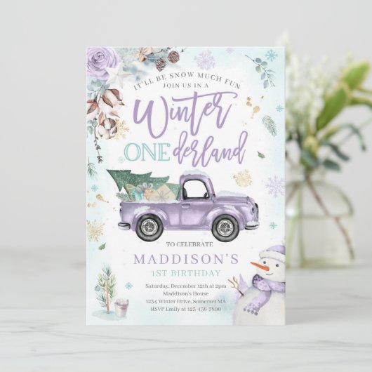 Winter ONEderland Paarse Winter Truck Sneeuwman Kaart (Staand voorkant)