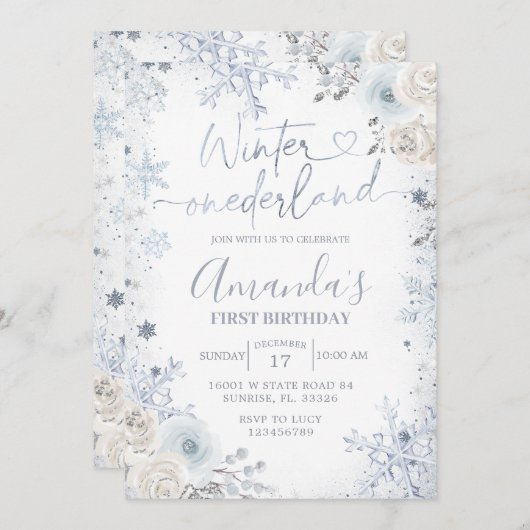 Winter Onederland Pastel Blue Snowflake Birthday Kaart (Voorkant / Achterkant)