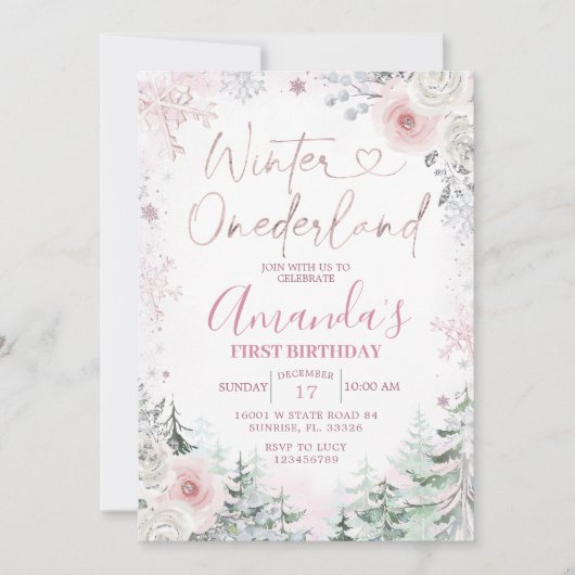 Winter Onederland Pastel Pink Snowflake Birthday Kaart (Voorkant)