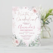 Winter Onederland Pastel Pink Snowflake Birthday Kaart (Staand voorkant)