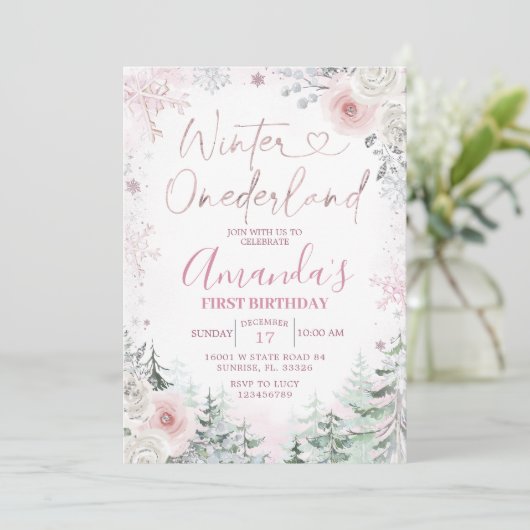 Winter Onederland Pastel Pink Snowflake Birthday Kaart (Staand voorkant)