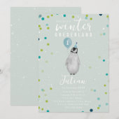 Winter Onederland Penguin Blue Balloon Verjaardag Kaart (Voorkant / Achterkant)