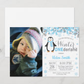 Winter Onederland Penguin Boy 1e verjaardag Kaart (Voorkant / Achterkant)