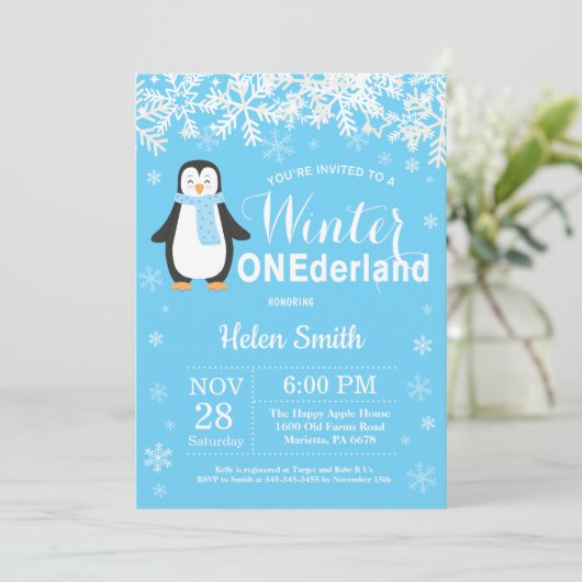 Winter Onederland Penguin Boy 1e verjaardag Kaart (Staand voorkant)