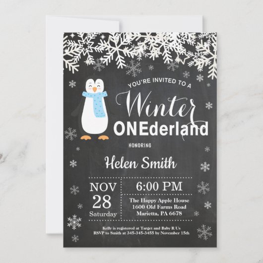 Winter Onederland Penguin Boy 1e verjaardag Kaart (Voorkant)