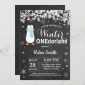 Winter Onederland Penguin Boy 1e verjaardag Kaart (Voorkant / Achterkant)