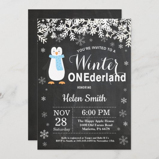 Winter Onederland Penguin Boy 1e verjaardag Kaart (Voorkant / Achterkant)