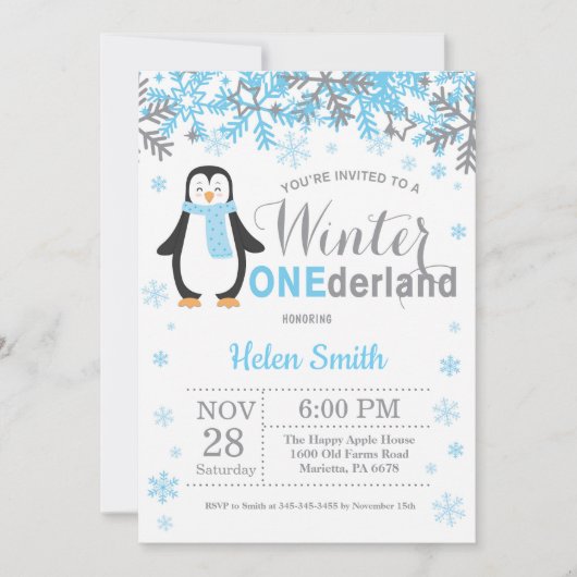 Winter Onederland Penguin Boy 1e verjaardag Kaart (Voorkant)