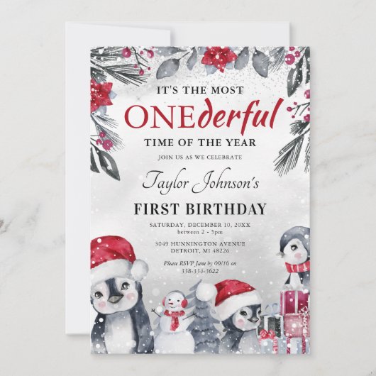 Winter Onederland Penguin Eerste Kerstdag Kaart (Voorkant)