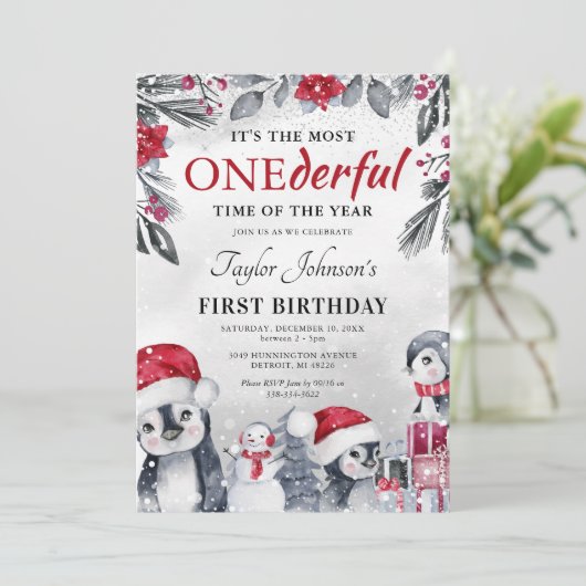 Winter Onederland Penguin Eerste Kerstdag Kaart (Staand voorkant)