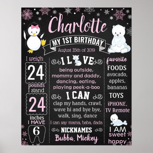 Winter Onederland Penguin First Birthday sign Poster (Voorkant)