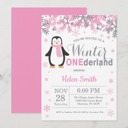 Winter Onederland Penguin Girl 1ste verjaardag Kaart (Voorkant / Achterkant)