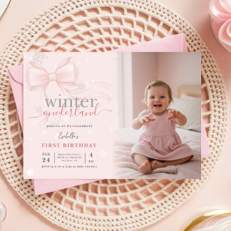 Winter ONEderland Photo Pink Bow First Birthday Kaart