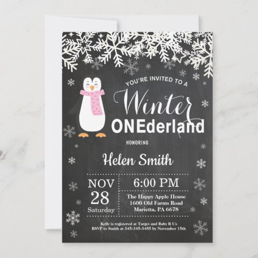 Winter Onederland Pinguïn Meisje 1e Verjaardag Kaart (Voorkant)