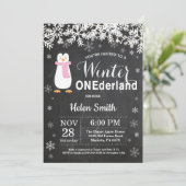 Winter Onederland Pinguïn Meisje 1e Verjaardag Kaart (Staand voorkant)