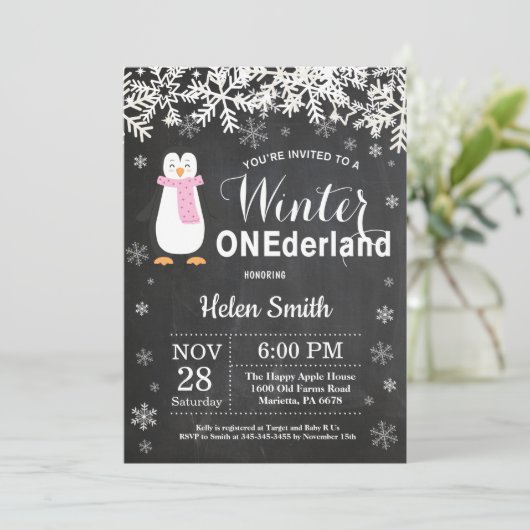 Winter Onederland Pinguïn Meisje 1e Verjaardag Kaart (Staand voorkant)