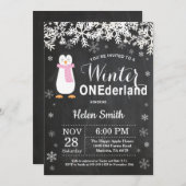 Winter Onederland Pinguïn Meisje 1e Verjaardag Kaart (Voorkant / Achterkant)