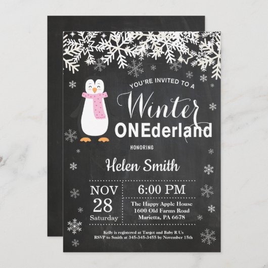 Winter Onederland Pinguïn Meisje 1e Verjaardag Kaart (Voorkant / Achterkant)