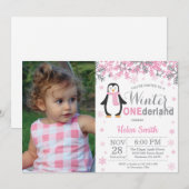 Winter Onederland Pinguïn Meisje 1e verjaardag Kaart (Voorkant / Achterkant)