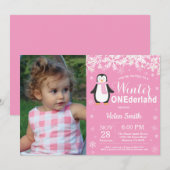 Winter Onederland Pinguïn Meisje 1e verjaardag Kaart (Voorkant / Achterkant)